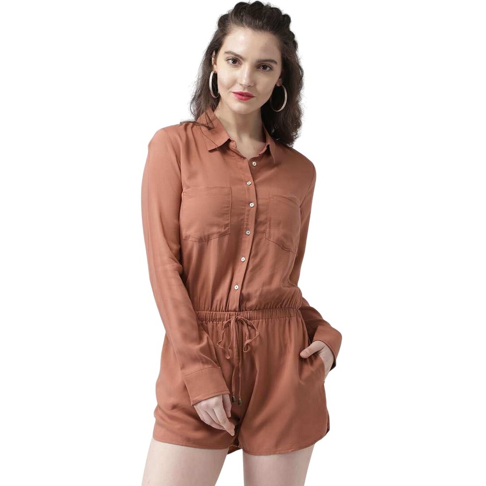 Forever 21 pink button down office jumpsuit romper long sleeve pockets size S